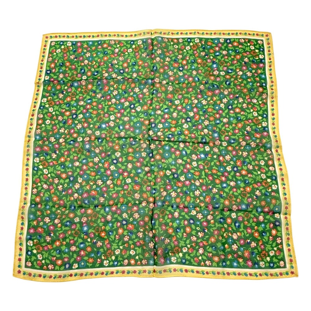 Floral Silk Scarf Colorful Flowers on Green Sheer Square 21 x 21" Purse Tie On